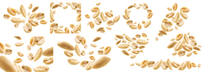 A set of photos. Peeled peanuts levitate on a white background