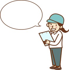 バインダーをもち、話をする作業員の女性。