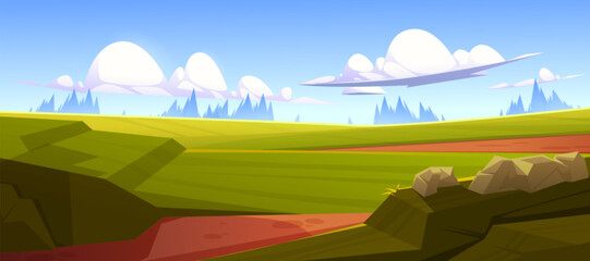 Cartoon valley nature landscape, summer scenery view, rural background with dirt road, green field with grass and rocks under blue sky with fluffy clouds, wild park 2d game scene, Vector illustration