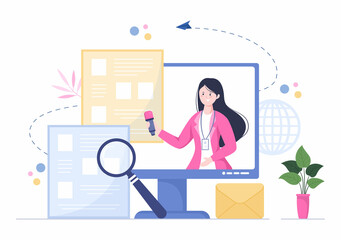 Journalism or Social Broadcasting with Equipment, News, Microphones, Reporter and Interview Speech Media Event in Flat Style Cartoon Illustration