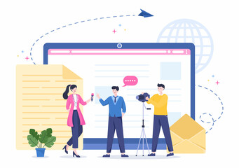 Journalism or Social Broadcasting with Equipment, News, Microphones, Reporter and Interview Speech Media Event in Flat Style Cartoon Illustration