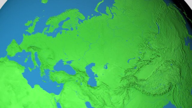 Seamless looping animation of the earth zooming in to the 3d map of Mongolia with the capital and the biggest cites in 4K resolution