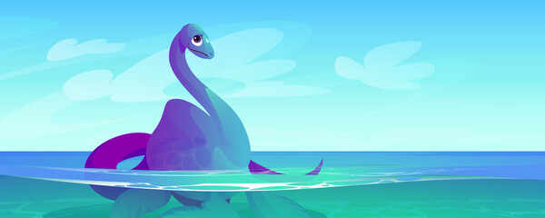 Cute baby dinosaur in water. Sea or ocean landscape with plesiosaurus. Vector cartoon illustration of funny dino character, prehistoric marine animal with flippers © klyaksun