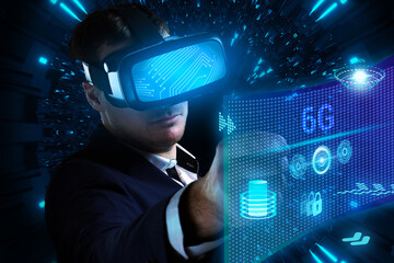 Business, Technology, Internet and network concept. Young businessman working on a virtual screen of the future and sees the inscription: 6G