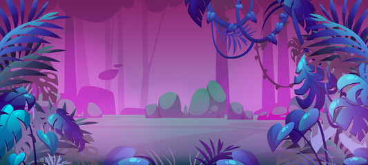 Jungle landscape with plant leaves, trees and bushes at night. Vector cartoon illustration of dark tropical forest with exotic plants, palm leaves and green grass on glade © klyaksun