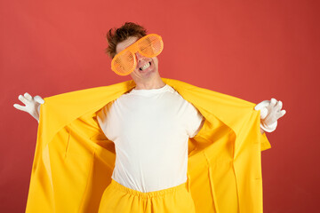 Funny clown portrait . Funny man with large glasses.