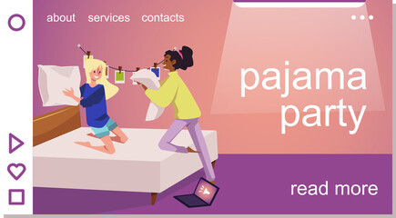 Pajama party website with girlfriends have pillow fight flat vector illustration.