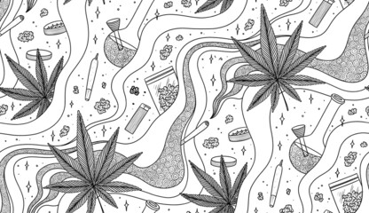 Seamless pattern with cannabis leaves, joints, buds, grinders and pots. Chalkboard background with marijuana equipment.