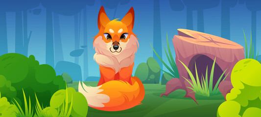 Cute fox and stump with hollow on glade in forest. Wild animal on summer lawn with burrow, green grass and bushes. Vector cartoon illustration of spring woods landscape with fluffy red fox
