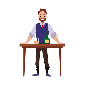 Bartender or barman smiling bearded man flat vector illustration isolated.