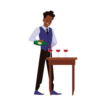 Bartender pouring wine into glasses, flat vector illustration isolated.