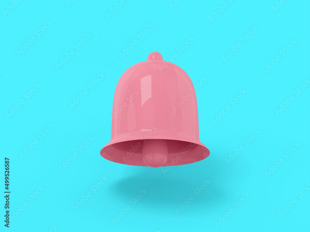 Poster pink one color bell on a blue flat background. minimalistic design object. 3d rendering icon ui ux i