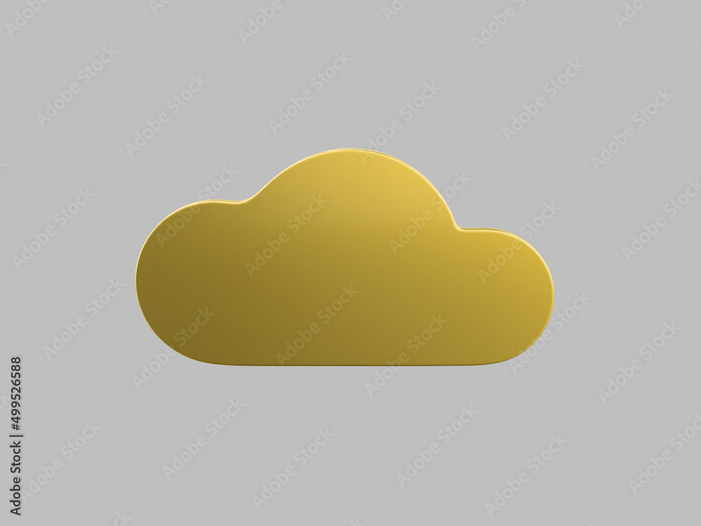 Poster golden single color cloud front view on gray monochrome background. minimalistic design object. 3d r