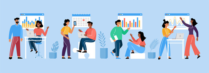 Creative teamwork concept. Modern vector illustration with people team of freelancers, designers, software developers searching for business solutions