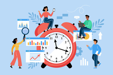 Time management concept. Modern vector illustration with people team and project development