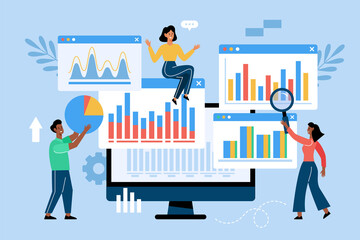 Data analytics research for business concept. Modern vector illustration of business people team monitoring dashboard  report