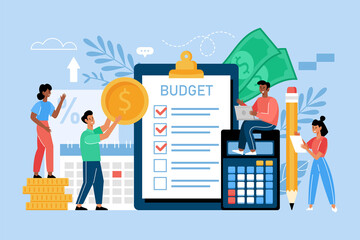 Budget planning and financial management business concept.  Modern vector illustration of people improving  business performance - obrazy, fototapety, plakaty