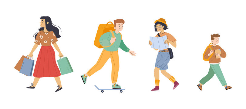 Walking People Isolated On White Background. Girl With Bags, Woman With Map, Man With Backpack On Skateboard And Boy Student. Vector Flat Illustration Of Kid Go To School, Delivery Man, Girl Tourist