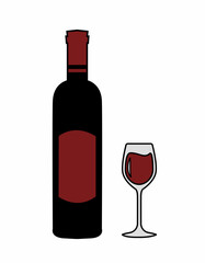 Bottle of red wine with a glass. Sticker, decal, alcohol bottle template. Design elements for bar menu, pub, restaurant, advertising, banner, poster. Vector illustration in contour style
