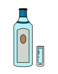 Traditional dry gin in blue bottle.  Botttle with a glass. Alcohol drink in contour vector style. Good for party card, posters, bar menu or alcohol cook book recipe
