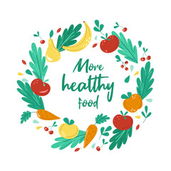 More healthy food. Vegetables and fruits, green leaves. Banner on the topic of proper nutrition. Plant nutrition and vitamins. Flat illustration on a white background