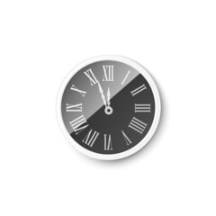 Realistic wall clock with black dial and roman numerals, 3d vector illustration isolated on white background.