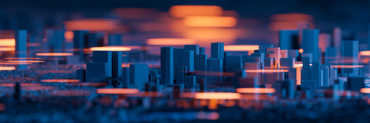 Miniature city with light effects. Urban technology and business. 3D rendering.