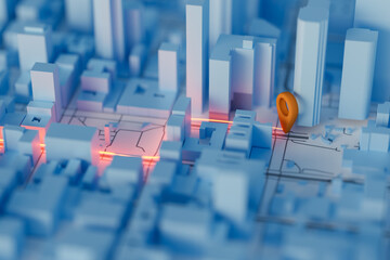 GPS route plan marker in a miniature city. 3D rendering.