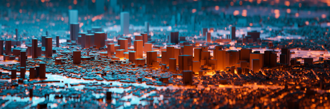 Metropolitan area and city lights. Smart city and technology concepts. 3D rendering.