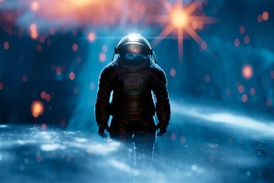 Spaceman in space. Space exploration, science or gaming background. Elements in the image furnished by NASA. 3D rendering.