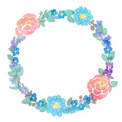 水彩画。水彩タッチの草木と花リースフレーム。グラデーションカラーの草木と花リースイラスト。花輪の装飾枠背景。Watercolor painting. Watercolor touch grass, trees and flowers wreath frame. Gradient color grass, trees and flowers wreath illustration. Wreath d