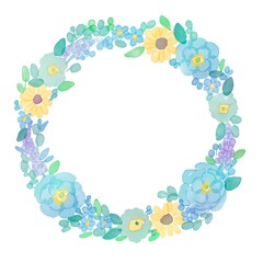 水彩画。水彩タッチの草木と花リースフレーム。グラデーションカラーの草木と花リースイラスト。花輪の装飾枠背景。Watercolor painting. Watercolor touch grass, trees and flowers wreath frame. Gradient color grass, trees and flowers wreath illustration. Wreath d