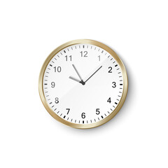 Modern office wall clock with golden frame and white dial, 3d vector illustration isolated on white background.