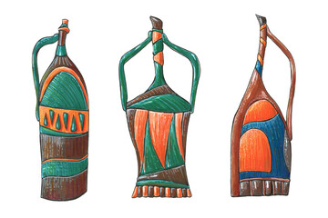 Set with ceramic bottle with an ornament. Stylized tableware with decor.