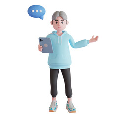 3d character, 3d illustration, young boy holding tablet and presenting