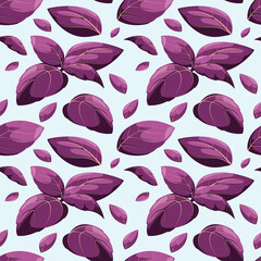 Seamless pattern with purple basil leaves. Cartoon design.
