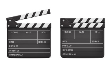 Fototapeta premium Realistic clapboard with text information about scene, 3d vector illustration isolated on white background.