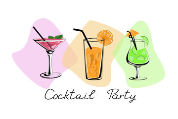 Hand drawn vector template with set of colorful cocktails for restaurant, bar. Poster for cocktail party