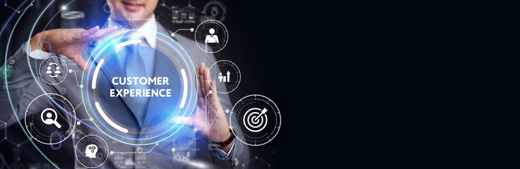 Business, Technology, Internet and network concept. Technology future. Young businessman clicks on...