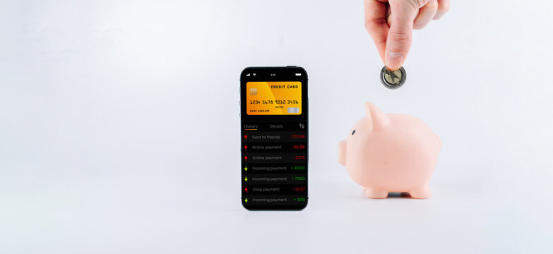 Online payment. Smartphone with internet online bank application. Pig bank with usd money cash on white background. Save currency money wallet.