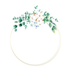 Golden frame template with watercolor eucalyptus and cotton composition. Hand-painted floral illustration. Elegant natural drawing