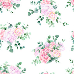 Watercolor floral seamless pattern. Spring wedding design. Beautiful eucalyptus and peony illustration. Elegant background