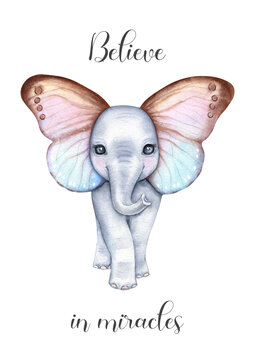 Watercolor dreamy jungle illustration, cute baby elephant isolated on white background. Happy spring hand drawn poster. Summer design