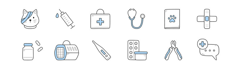 Veterinary clinic icons with doctor case, syringe, cat with bandage, grooming tools, thermometer and stethoscope. Vector hand drawn symbols of veterinarian medicine, sick pet healthcare