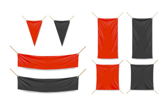 Red and black banners and triangle pennants hanging with ropes. Vector realistic mockup of 3d horizontal and vertical canvas posters and pennons isolated on white background