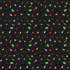 Colored seamless vector pattern with sports icons. Doodle vector with sport icons on black background. Vintage sport pattern