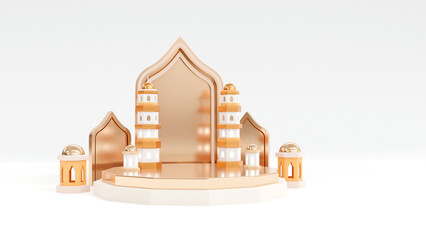 Golden Islamic product podium and Islamic background with 3d render mosque and lantern front view