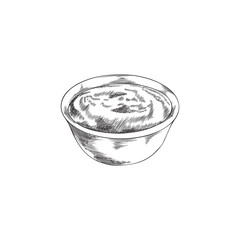 Bowl with sauce or yogurt, hand drawn sketch vector illustration isolated on white background.