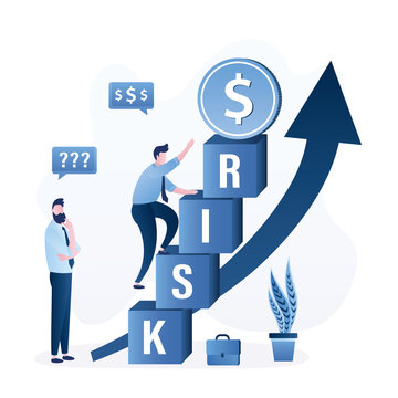 Confident businessman or trader climbs large cubes with inscription - risk. Profit, money on top. Risk management. Trade off of risky investment asset rewarding growth return.