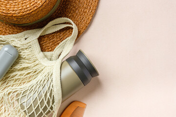 reusable stuff on pastel peach table.zero waste eco friendly concept